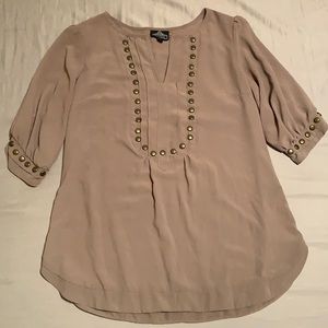 Gray sheer tunic style shirt with brown buttons
